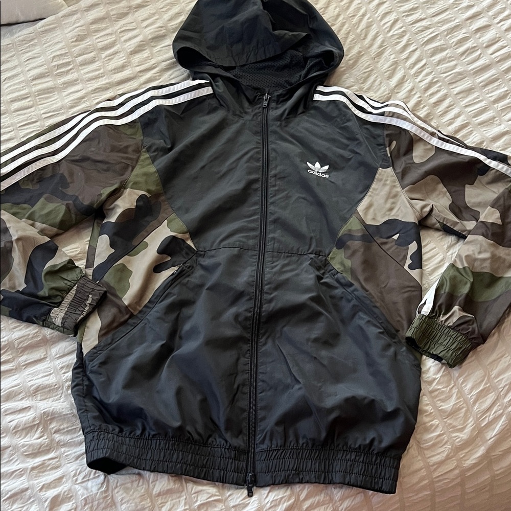 Adidas Black Hooded Jacket with Green Camo Sleeves
